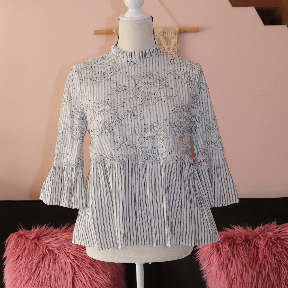 Zara Striped Lace Bell Sleeve Peplum High collar